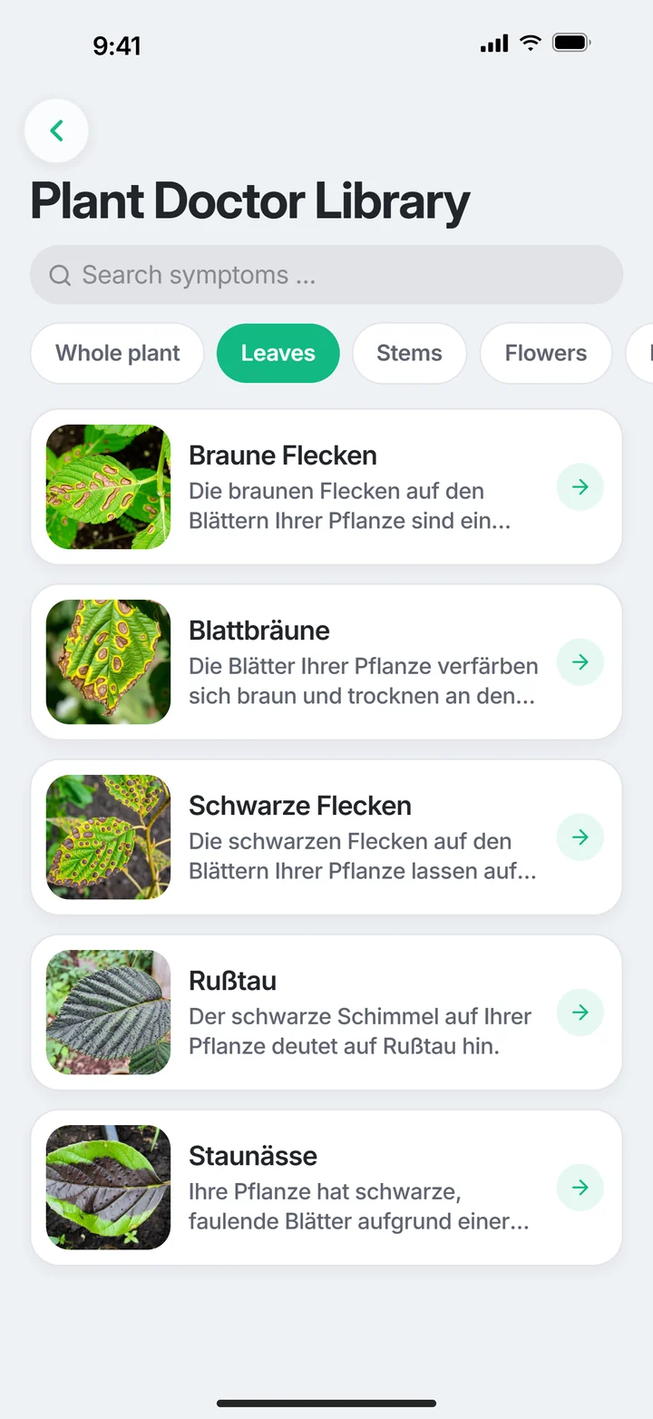PlantDoctor: Symptom library organised by category