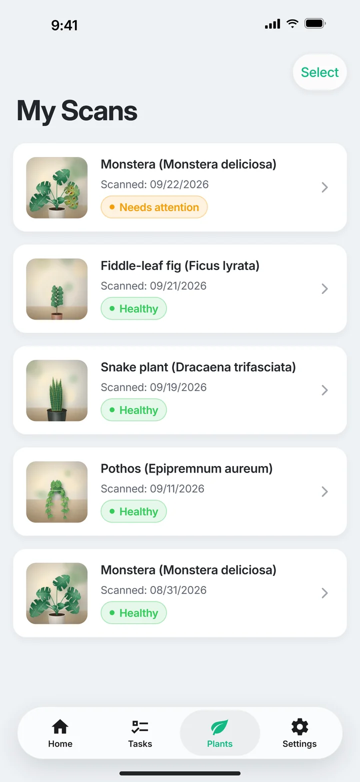 PlantDoctor: Saved plants with their status